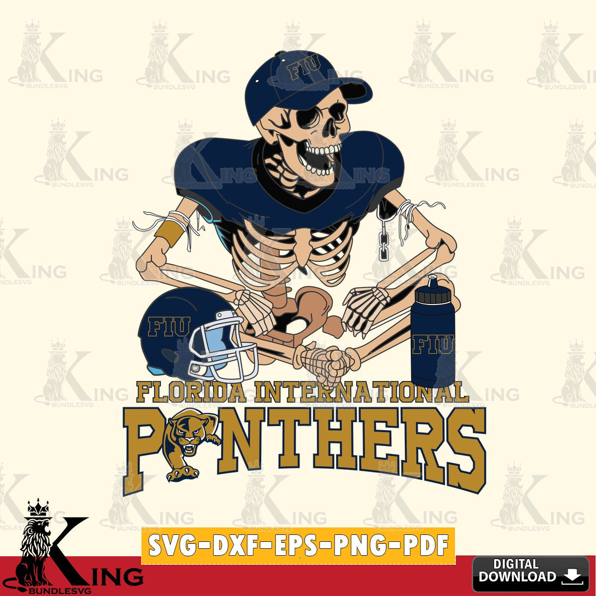 Beautiful illustration of a Florida International Panthers skeleton football player, SVG PNG design suitable for Glowforge and