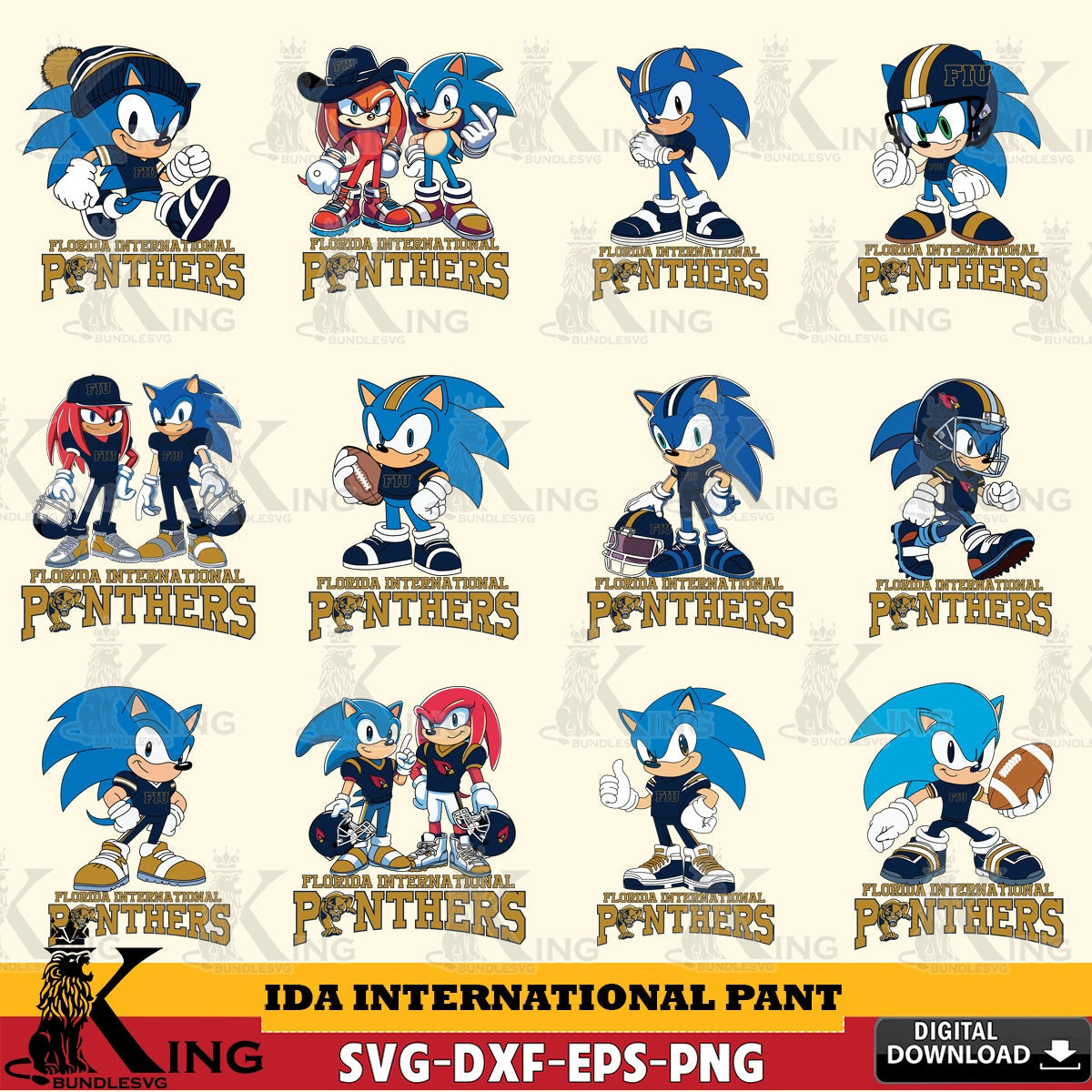 Premium pack containing Florida International Panthers Sonic & Knuckles NCAA Football Bundle vector art for engraving, cutting,