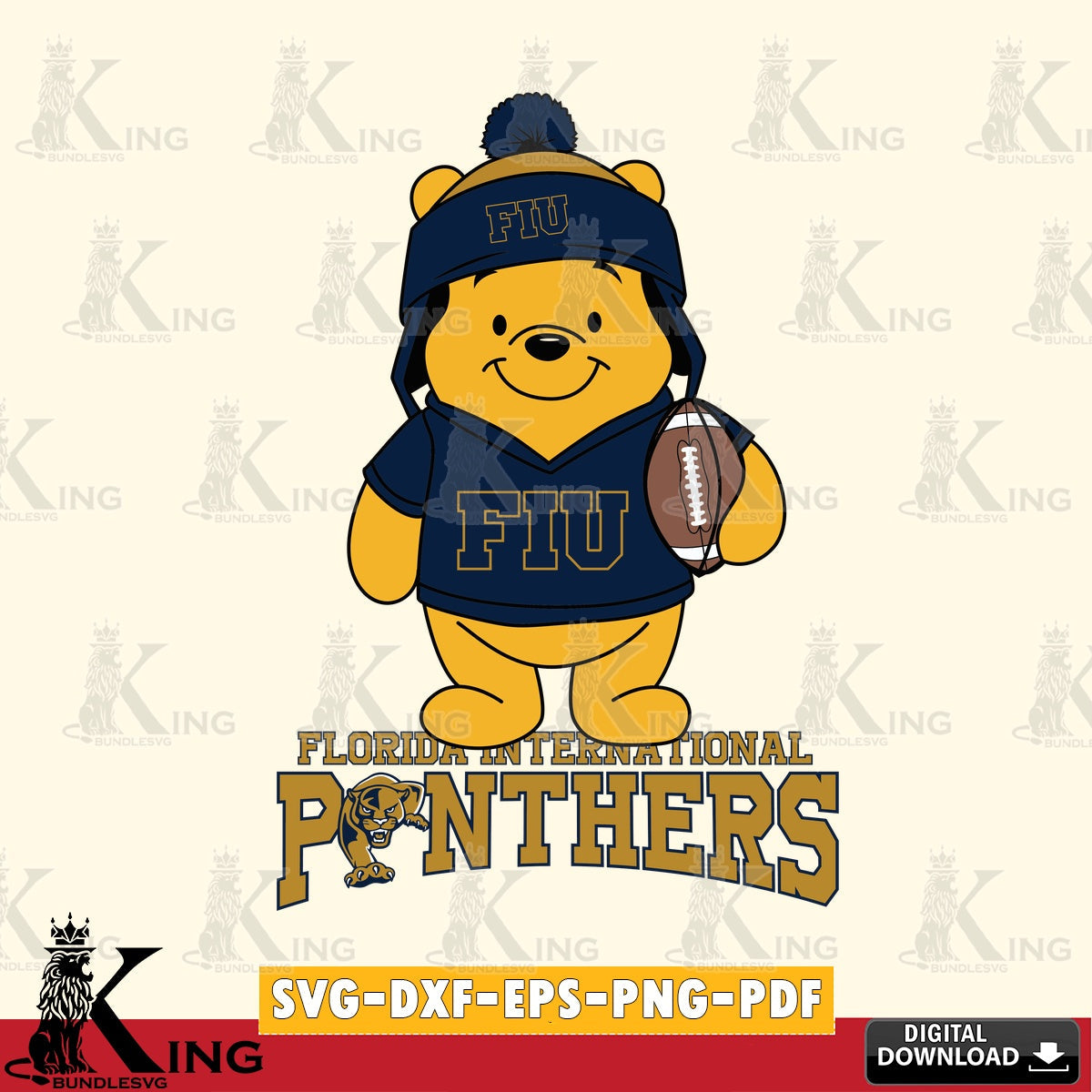 Digital clipart of Florida International Panthers Winnie the Pooh player football, printable vector design for sublimation and