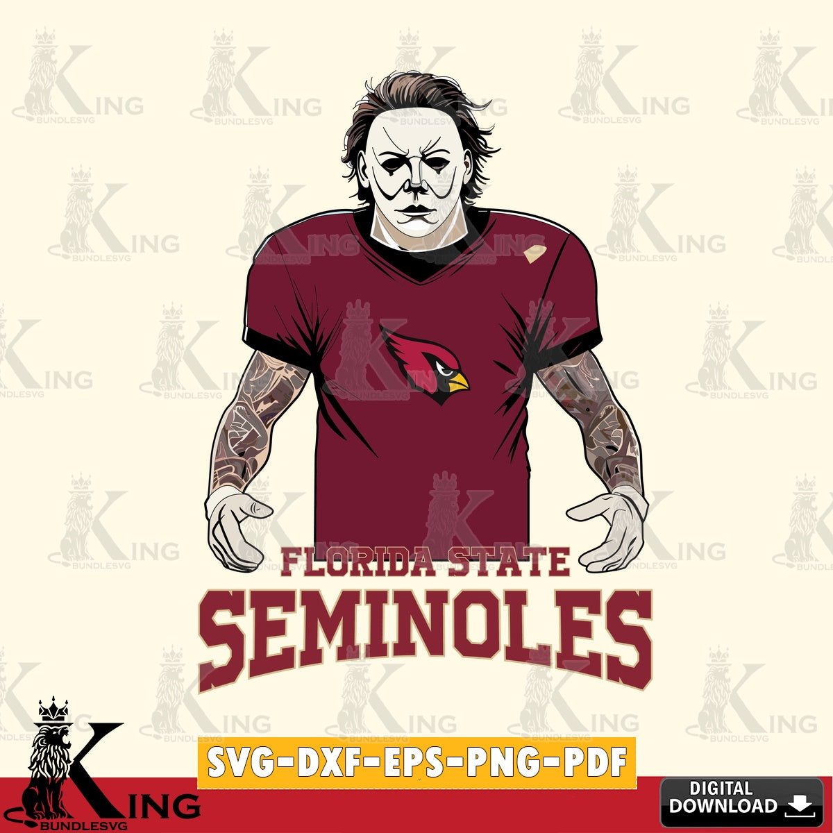 Vector design showing Florida State Seminoles Michael Myers tattoo football, a digital download for Cricut Maker and paper crafts.