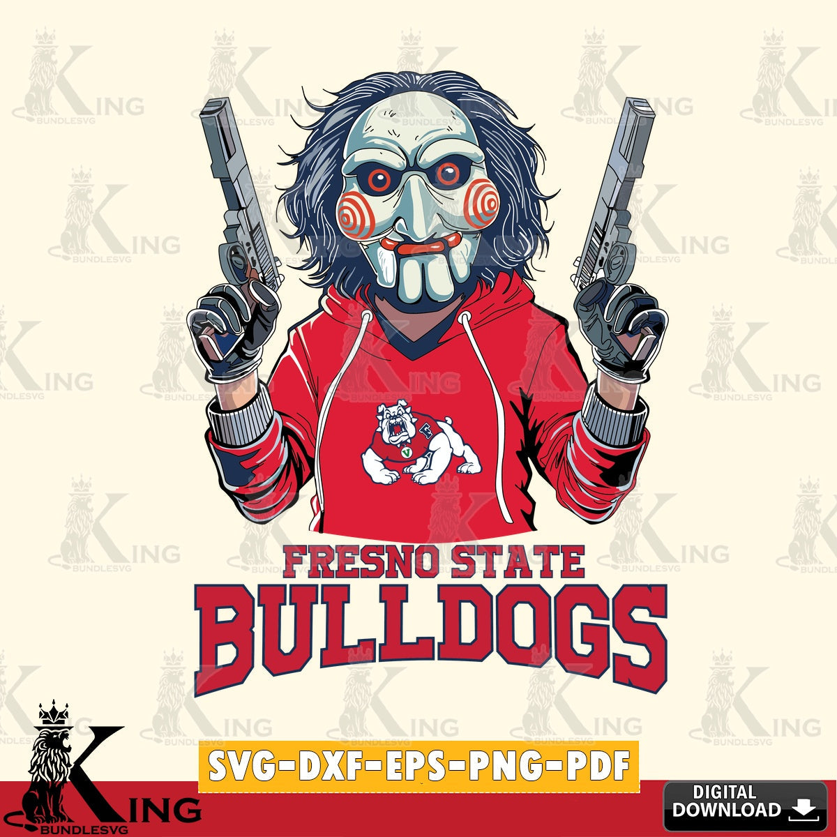 Digital download featuring Fresno State Bulldogs Jigsaw Billy Football, a crafting file for iron-on transfer and vinyl decals.