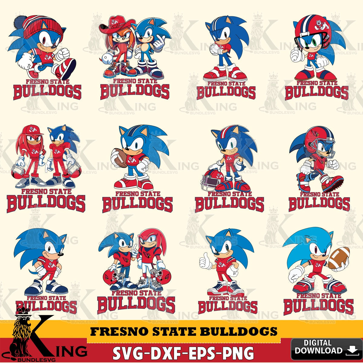 All-in-one bundle of Fresno State Bulldogs Sonic & Knuckles NCAA Football, versatile clip art for stickers, decals, and mugs.