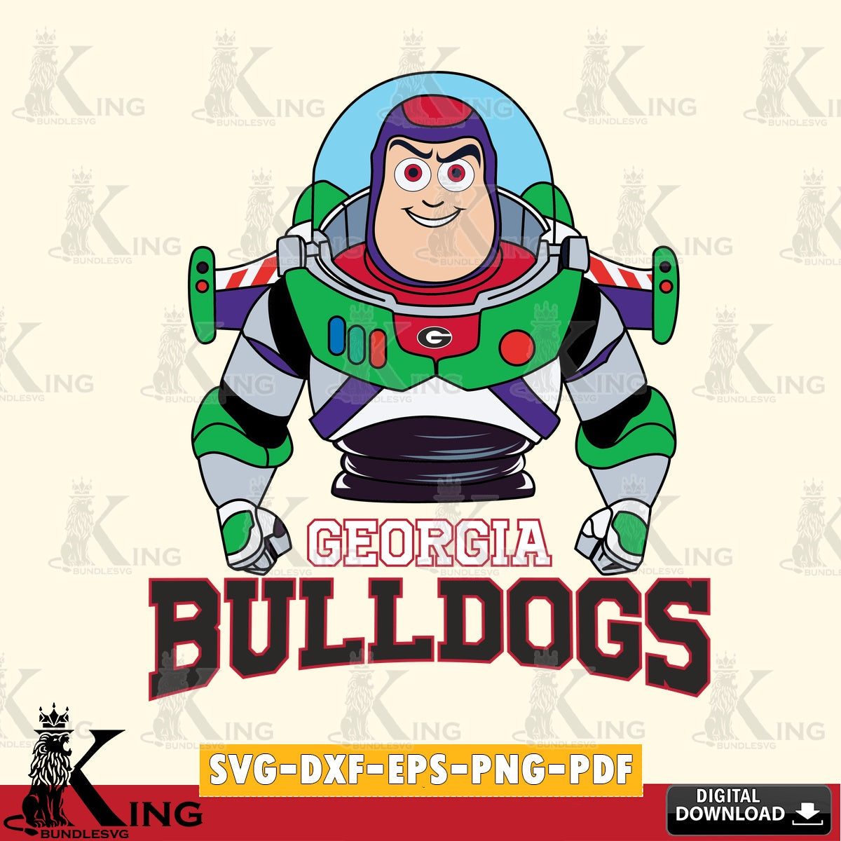 Custom design featuring Georgia Bulldogs Buzz Lightyear football, digital clipart compatible with laser engraving and cutting.