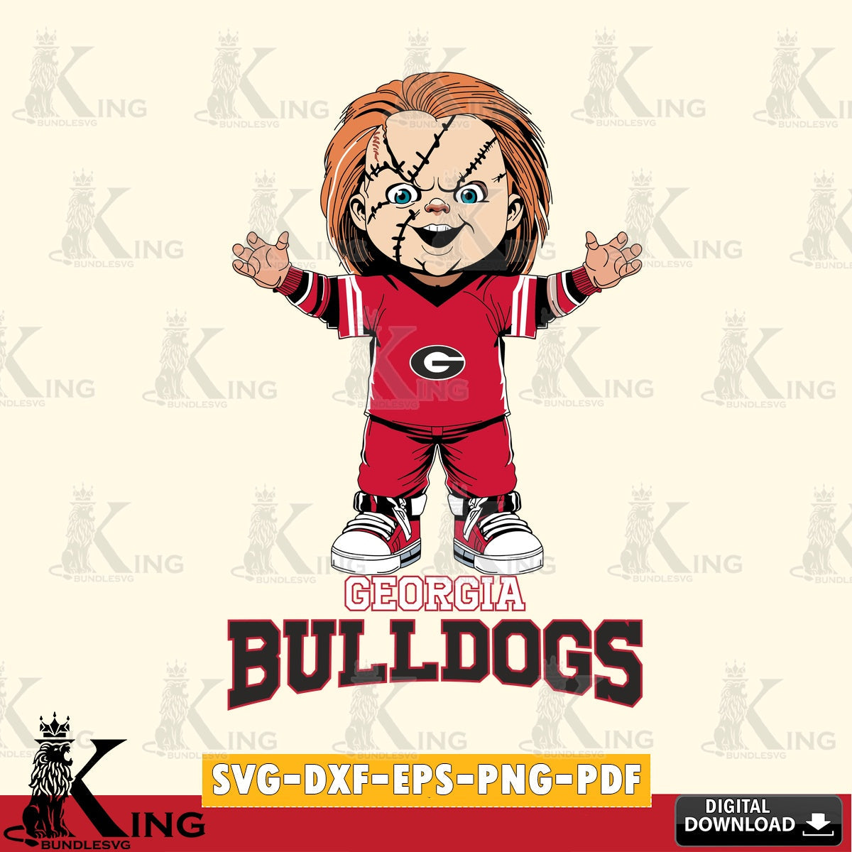 Unique artwork depicting Georgia Bulldogs Chucky Football, NCAA file cut, SVG PNG files perfect for Cricut and Silhouette cutting