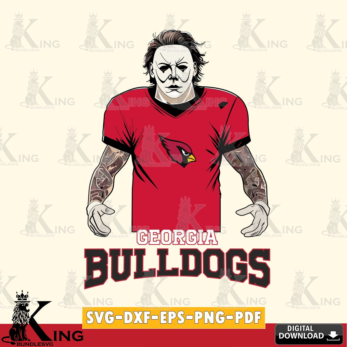 Vector design showing Georgia Bulldogs Michael Myers tattoo football, versatile clip art for stickers, decals, and mugs.