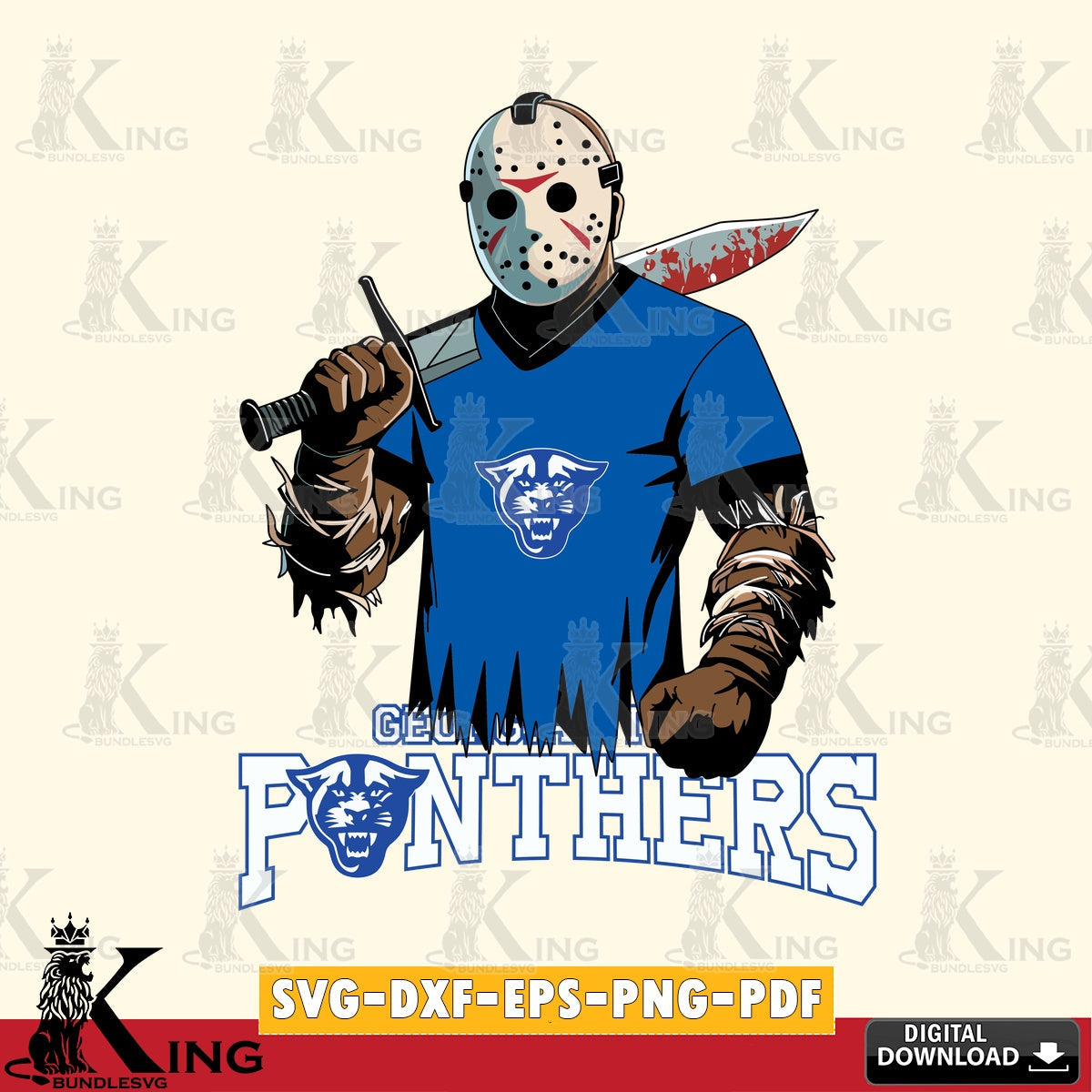 Printable art of Georgia State Panthers Jason Voorhees football, a crafting file for iron-on transfer and vinyl decals.