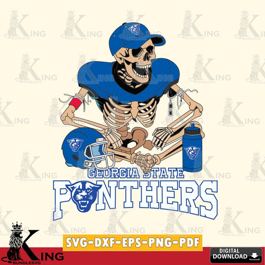 Hand-drawn style art of Georgia State Panthers skeleton player football, vector art for engraving, cutting, and printing