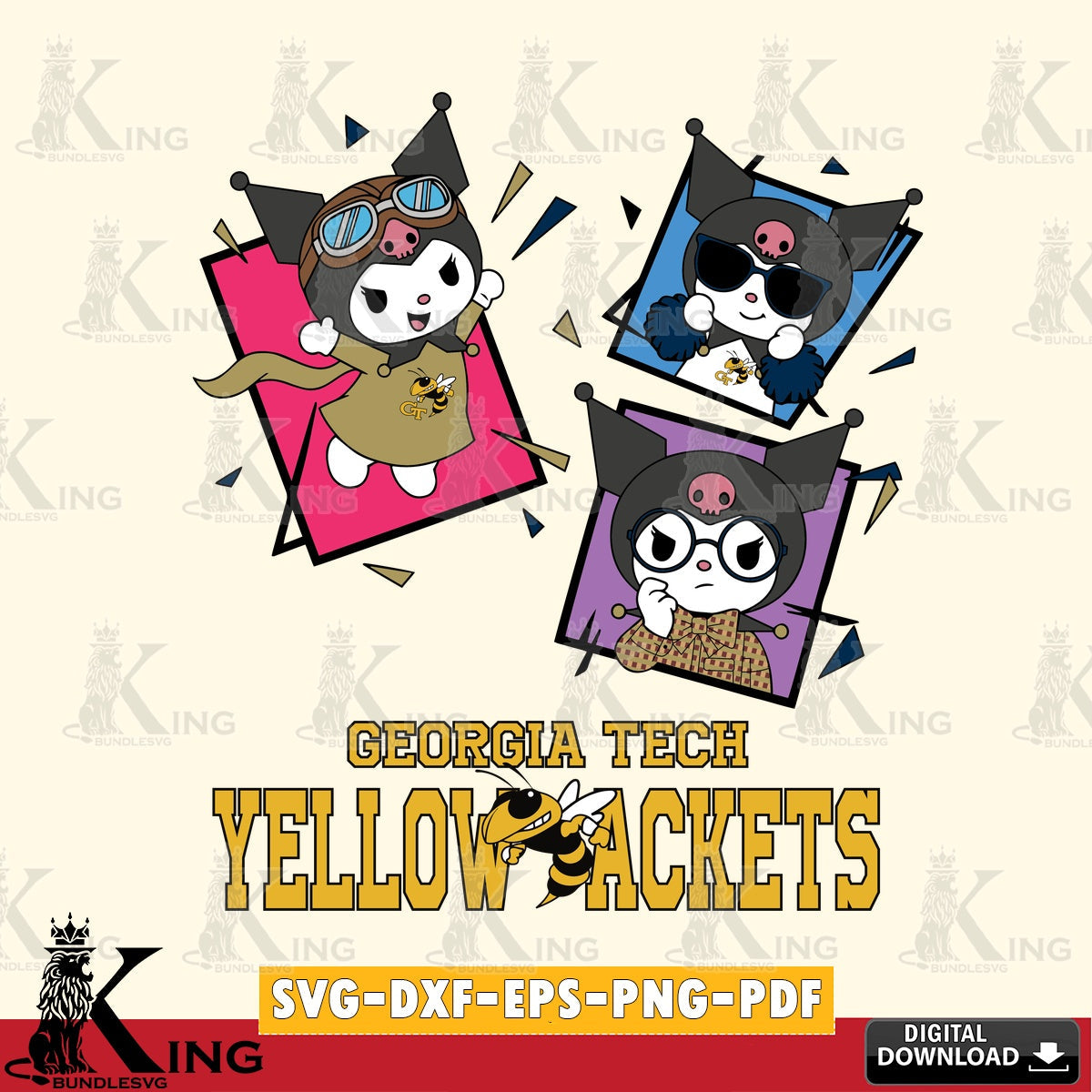 Georgia Tech Yellow Jackets Kuromi Action Football SVG file, Cricut, Cut file  , Digital Download , Instant Download, Sanrio svg, Clipart