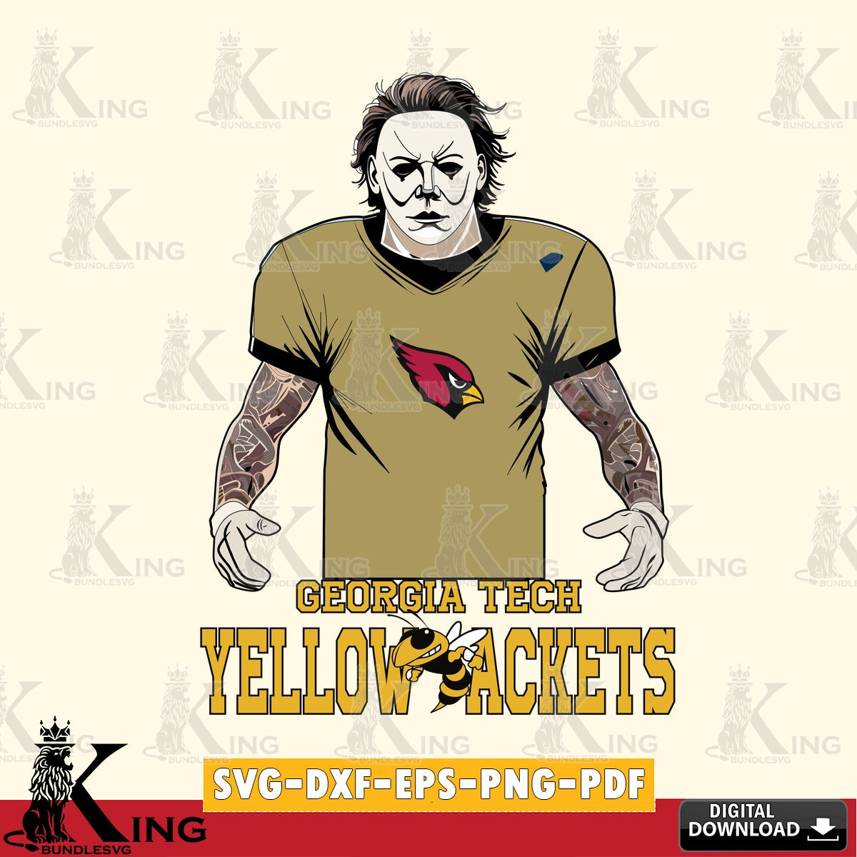 Detailed illustration of a Georgia Tech Yellow Jackets Michael Myers tattoo football SVG cut file for personalized gifts and