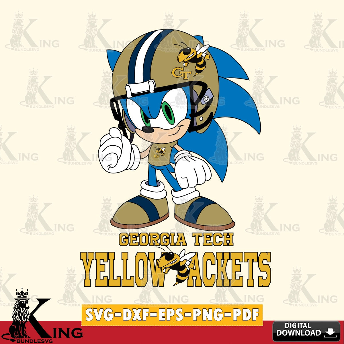 Custom design featuring the Georgia Tech Yellow Jackets Sonic Football Mascot vector illustration for POD merchandise and apparel