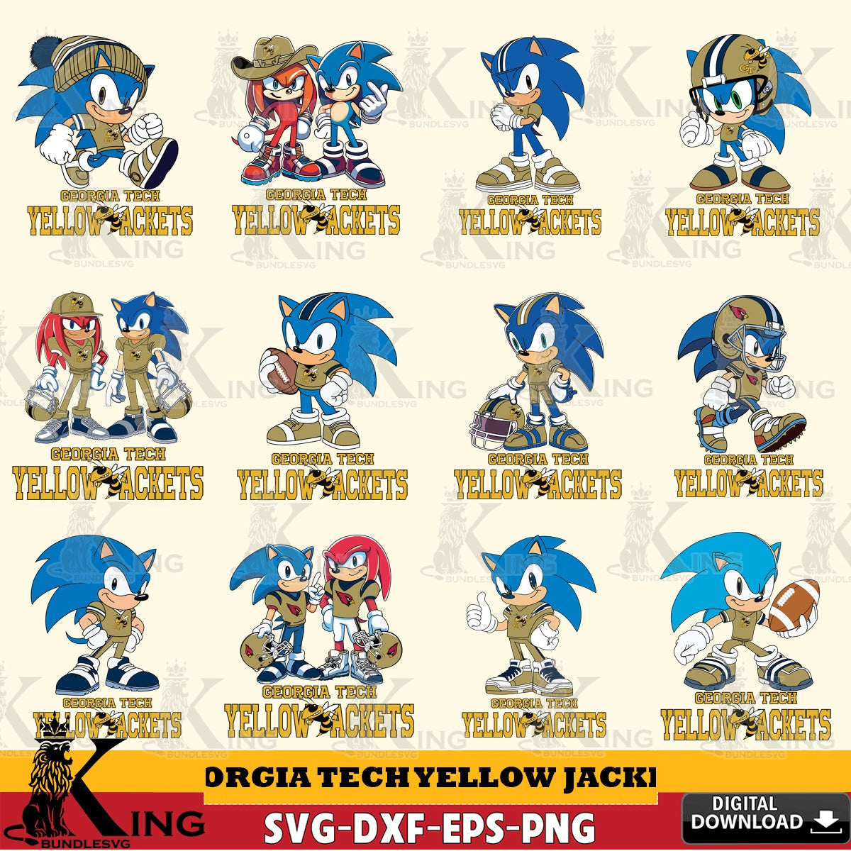 Variety pack of Georgia Tech Yellow Jackets Sonic & Knuckles NCAA Football bundle vector illustration for POD merchandise and