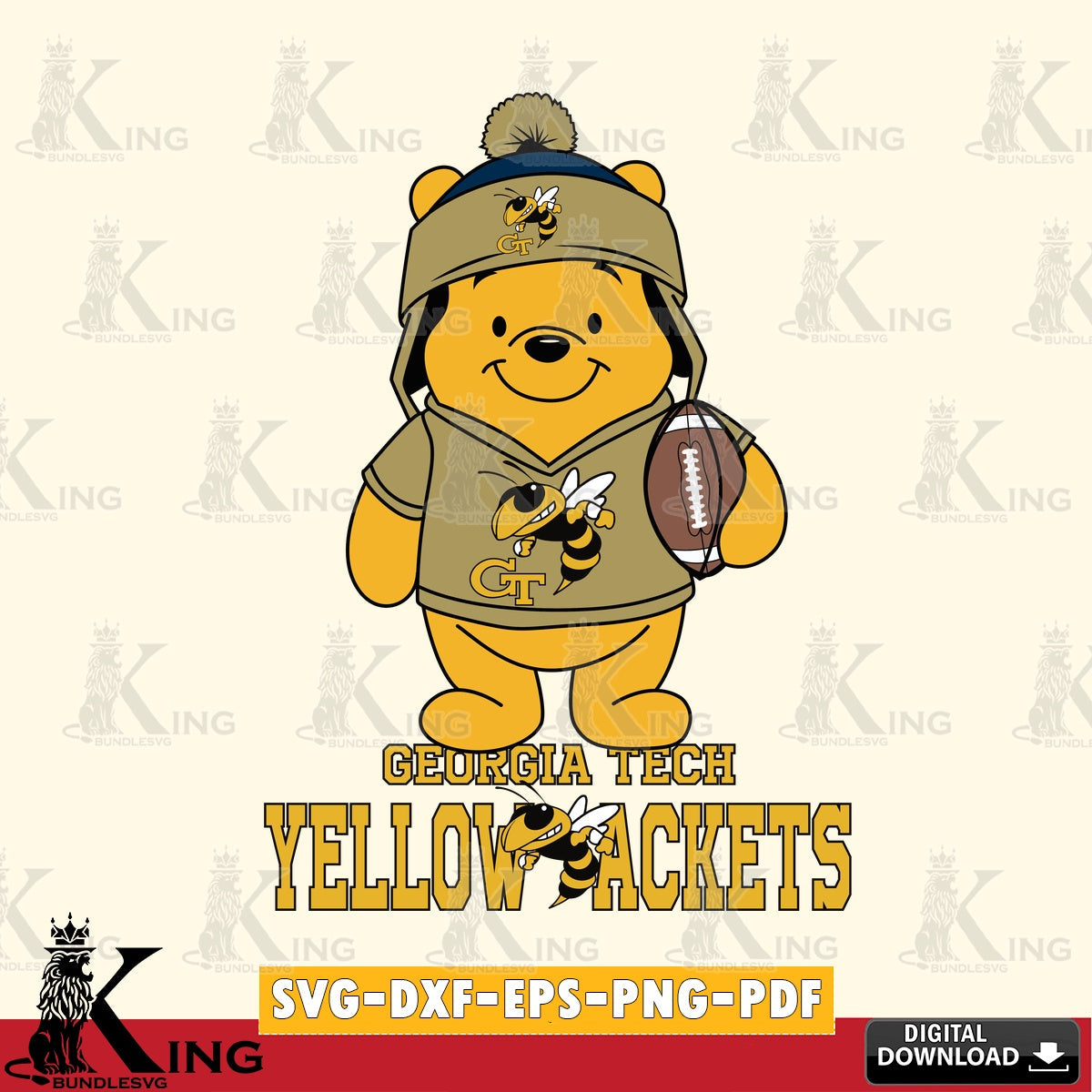 Printable art of Georgia Tech Yellow Jackets Winnie the Pooh football player vector illustration for POD merchandise and apparel