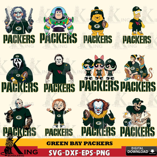 Giant set featuring Green Bay Packers cartoon football NFL bundle, versatile clip art for stickers, decals, and mugs.