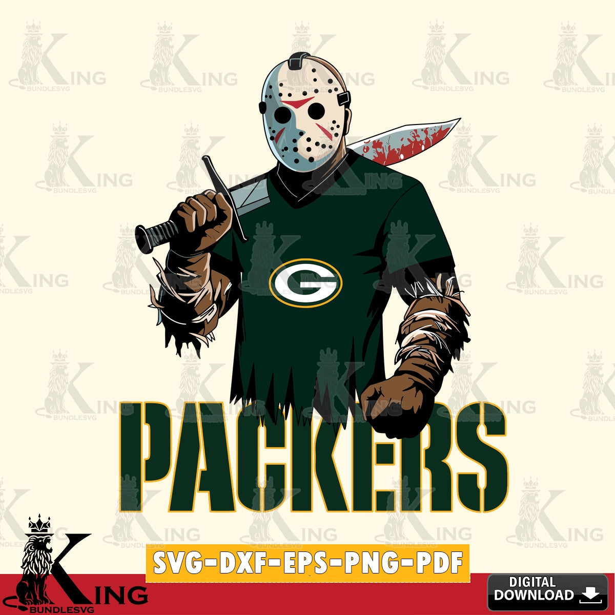 Premium pack containing Green Bay Packers Jason Voorhees football design, a digital file for silhouette cameo and cricut projects.
