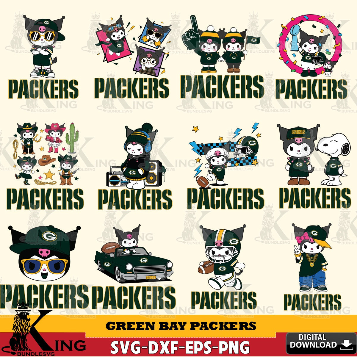 Green Bay Packers Kuromi Football Jersey NFL Bundle SVG file, Cricut, Cut file  , Digital Download , Instant Download, Sanrio svg, Clipart