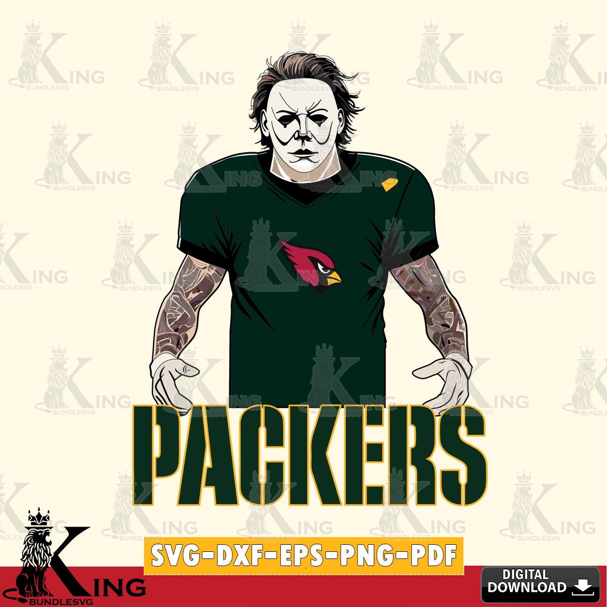 Mega bundle containing Green Bay Packers Michael Myers tattoo football, a digital download for Cricut Maker and paper crafts.