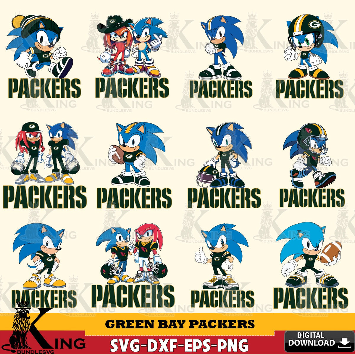 Ultimate set containing Green Bay Packers Sonic & Knuckles NFL Football Bundle SVG cut file for personalized gifts and laser