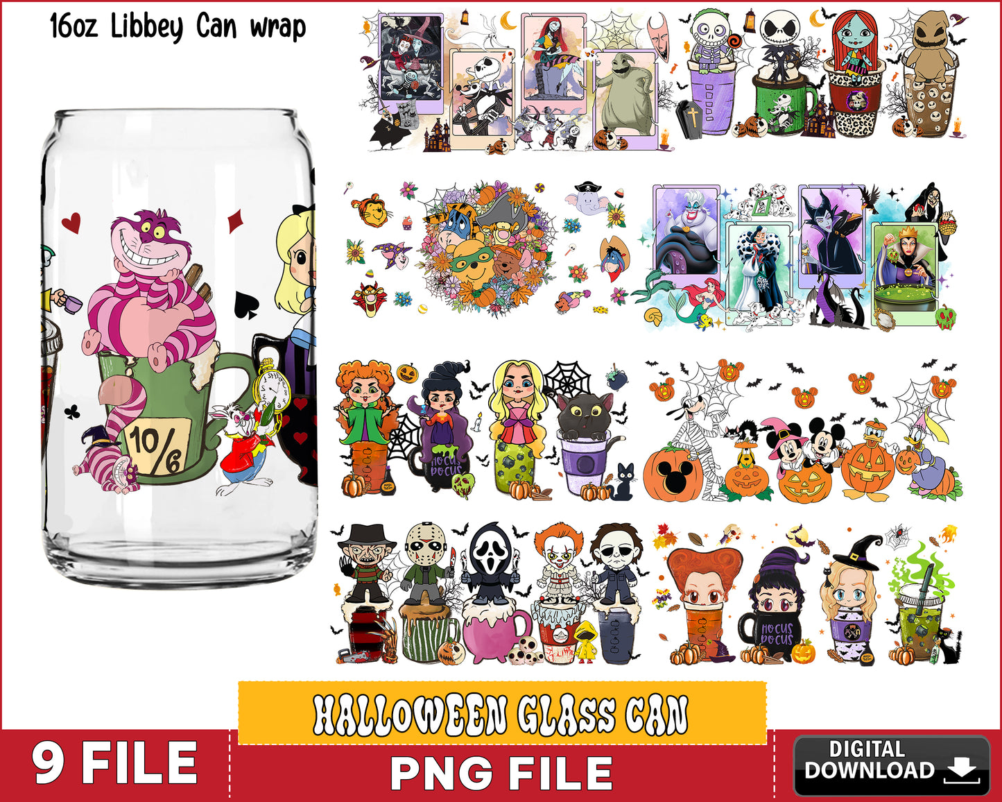 Halloween Glass Can Wrap Bundle Png, Halloween cartoon bundle png ,Silhouette, Digital Download , Instant Download