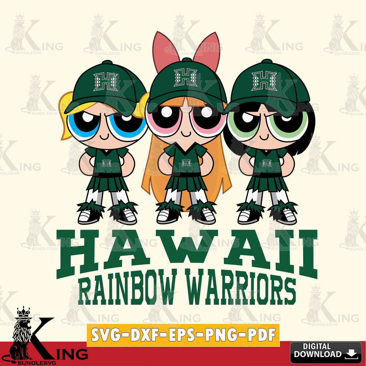 Artistic drawing of Hawaii Rainbow Warriors PowerPuff Girls Football, high-quality vector for DIY scrapbooking and home decor