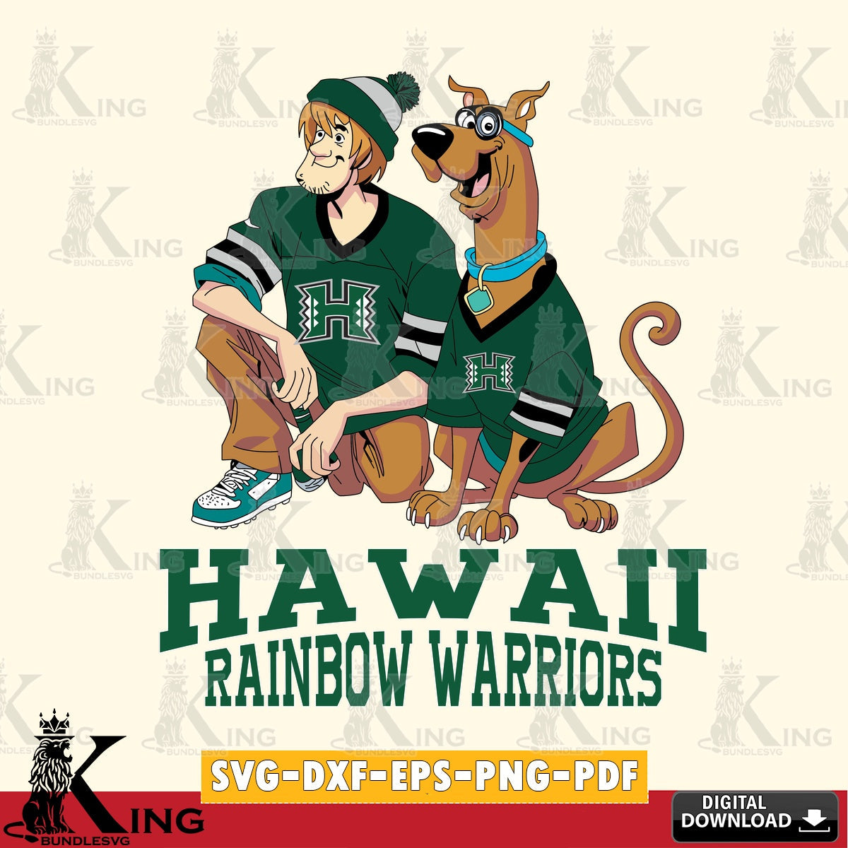 Digital clipart of Hawaii Rainbow Warriors Shaggy and Scooby Doo football, printable vector design for sublimation and crafts