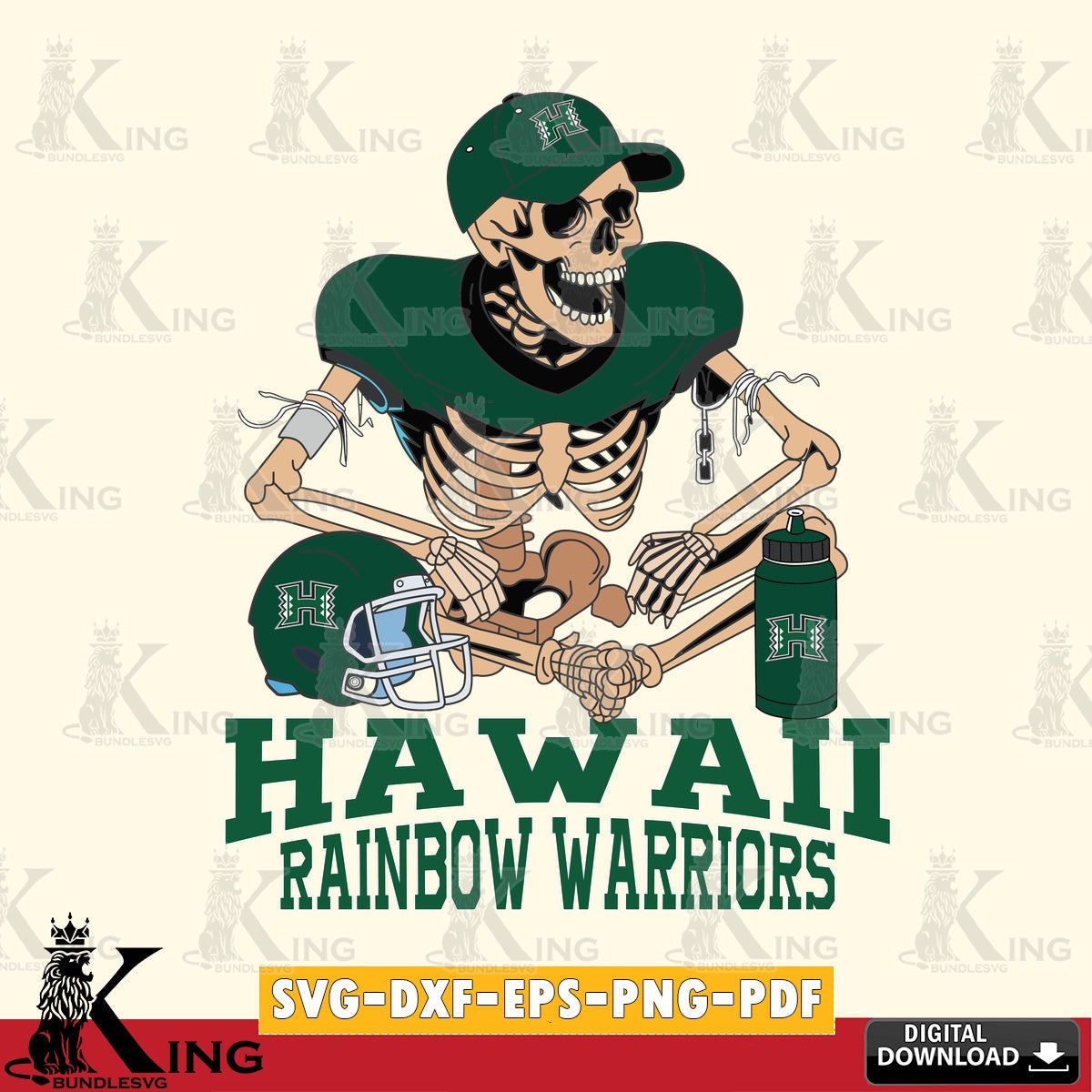 Digital clipart of a Hawaii Rainbow Warriors skeleton football player, high-quality vector for DIY scrapbooking and home decor.