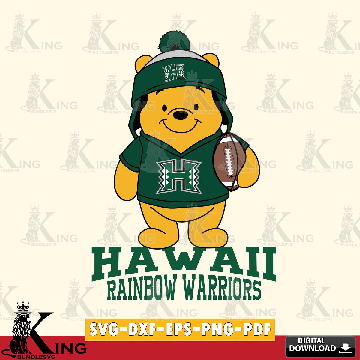 Vector design showing Hawaii Rainbow Warriors Winnie the Pooh player Football for SVG cut file for personalized gifts and laser