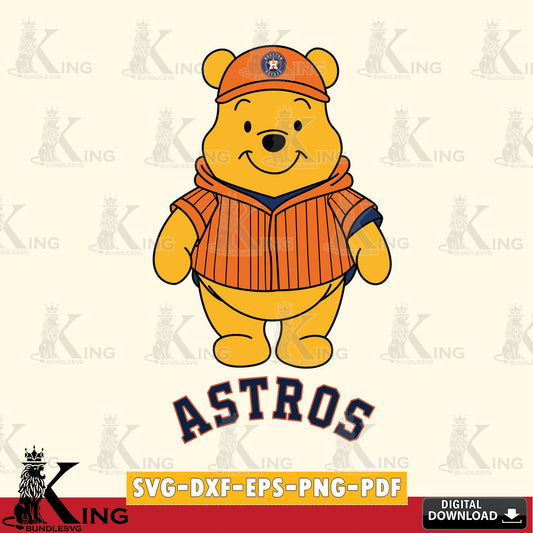 Unique artwork depicting Houston Astros Pooh Bear baseball mascot, a vector illustration for POD merchandise and apparel