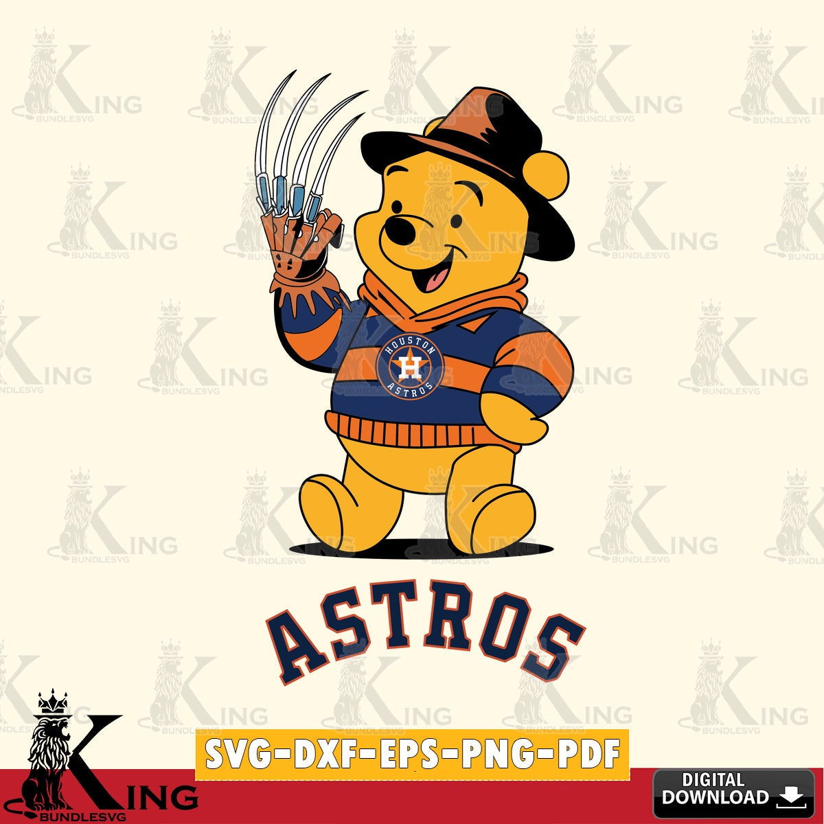 Digital download featuring Houston Astros Winnie the Pooh Freddy Krueger baseball vector illustration for POD merchandise and