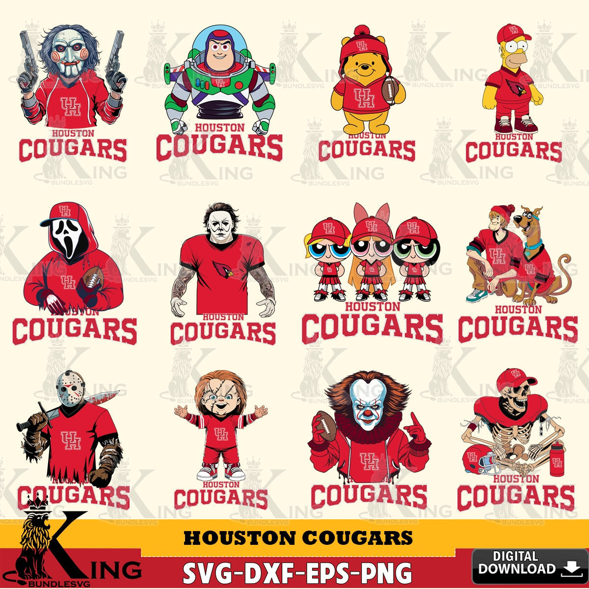 Premium pack containing Houston Cougars Cartoon Football NCAA Bundle, a digital download for Cricut Maker and paper crafts