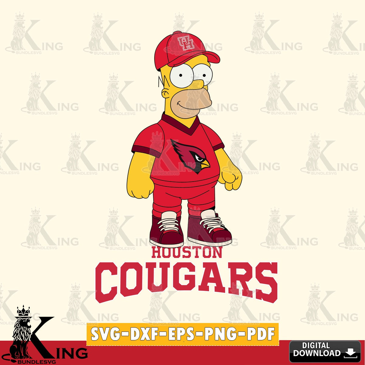 High-quality graphic of a Houston Cougars Homer Simpson football design, a printable vector design for sublimation and crafts
