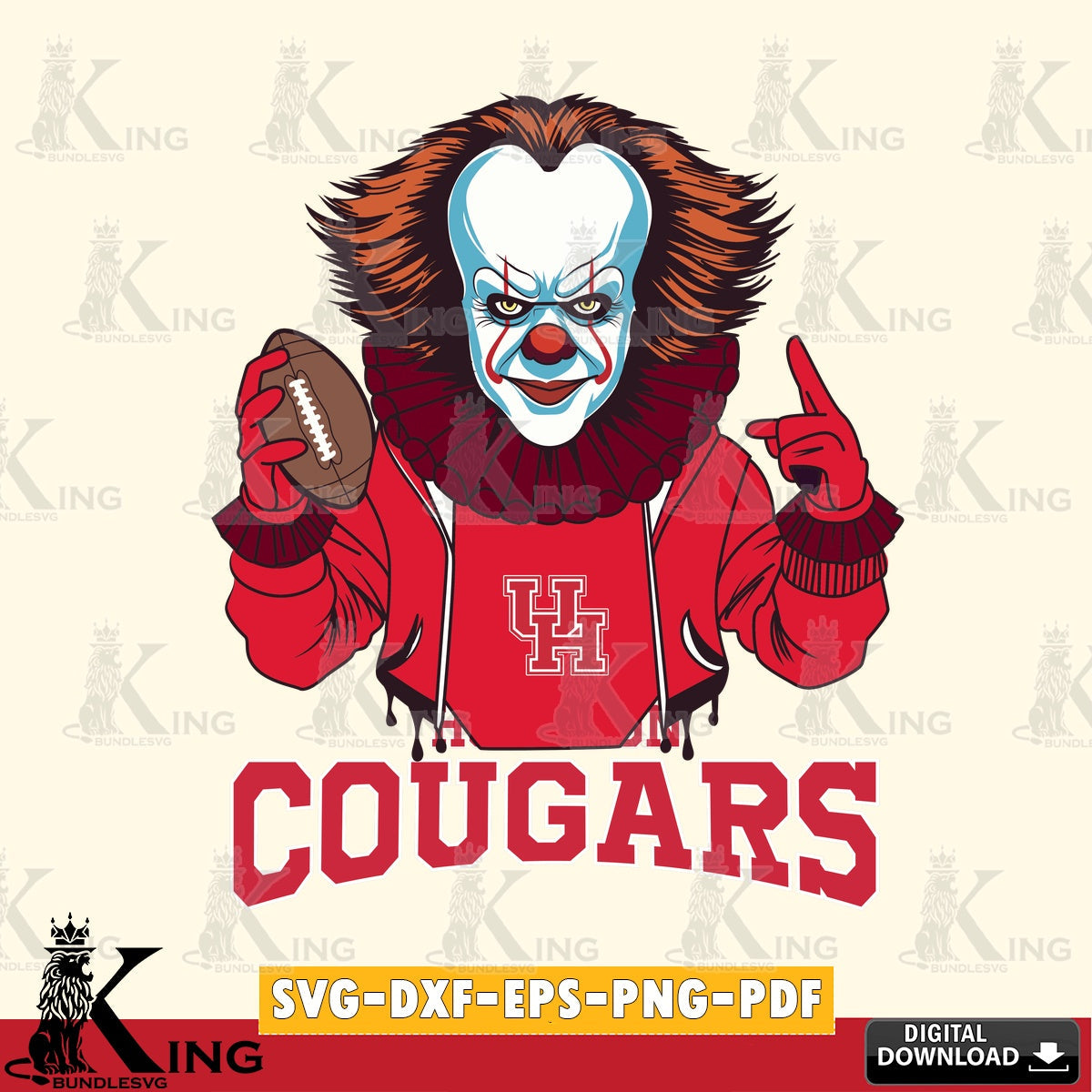 Modern graphic depicting a Houston Cougars Pennywise football player, NCAA file cut, SVG PNG design suitable for Glowforge and