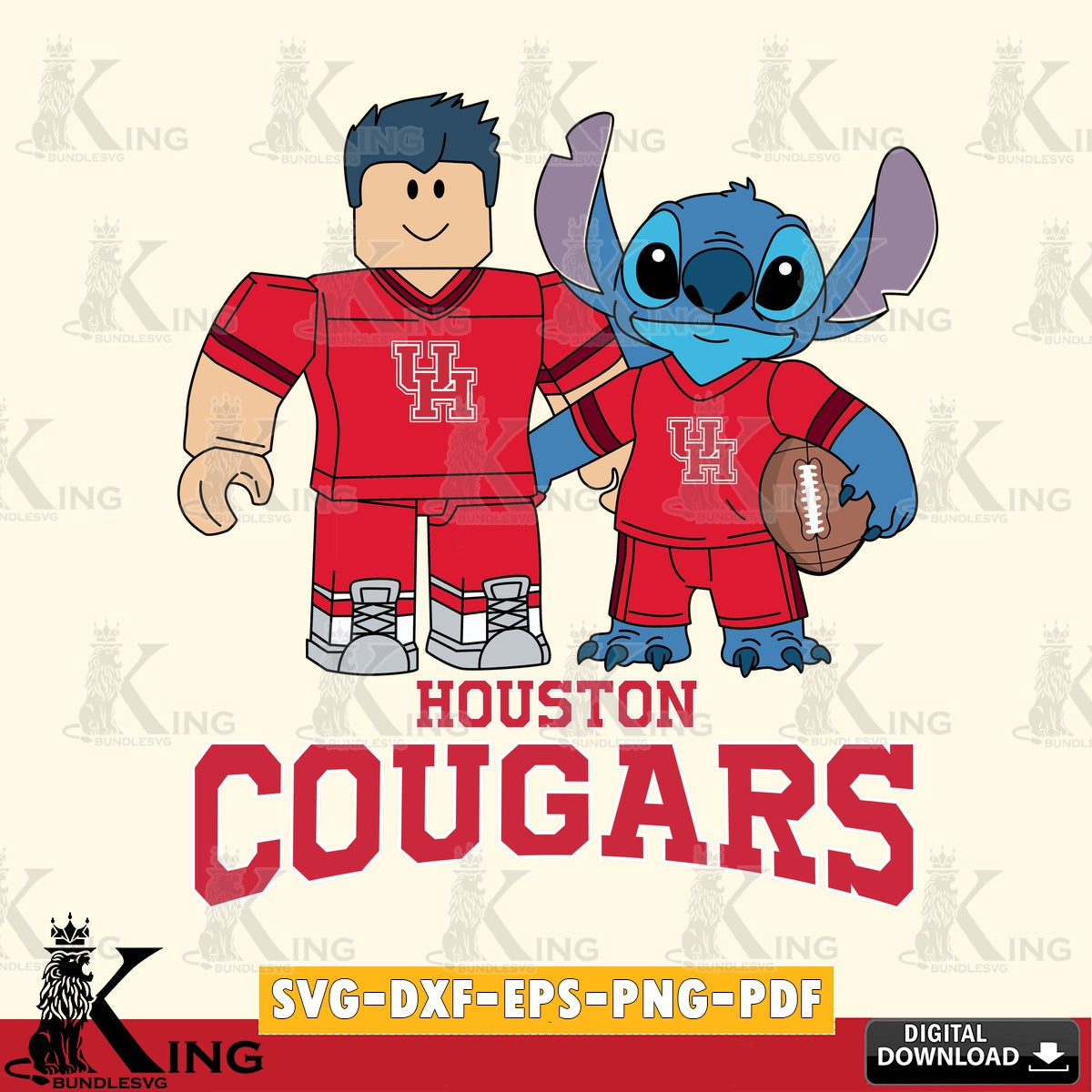 Printable art of Houston Cougars Roblox Stitch Football NCAA Cricut, PNG clipart for sublimation printing and graphic design
