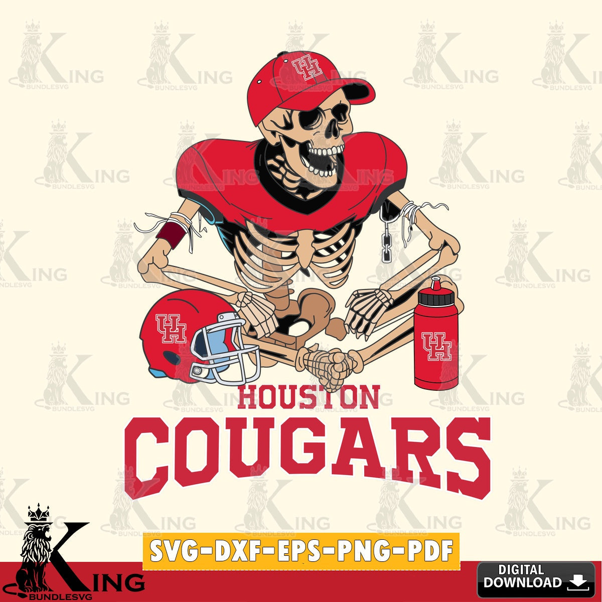 Artistic drawing of a Houston Cougars skeleton player playing football, vector illustration for POD merchandise and apparel