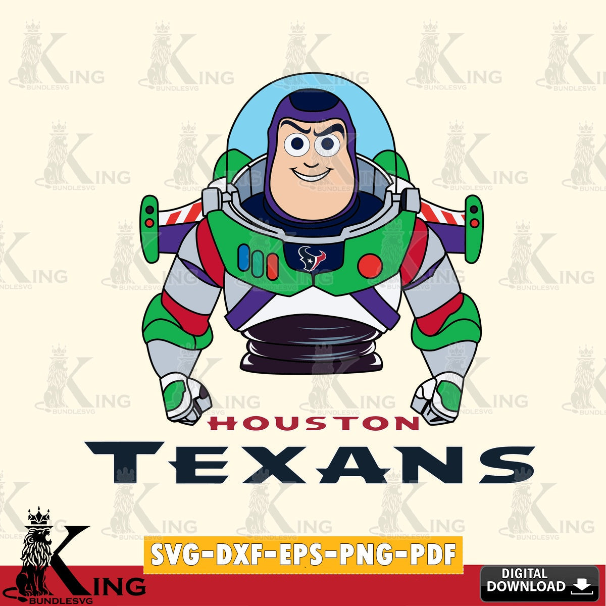 Modern graphic depicting a Houston Texans Buzz Lightyear football, SVG cut file for personalized gifts and laser projects