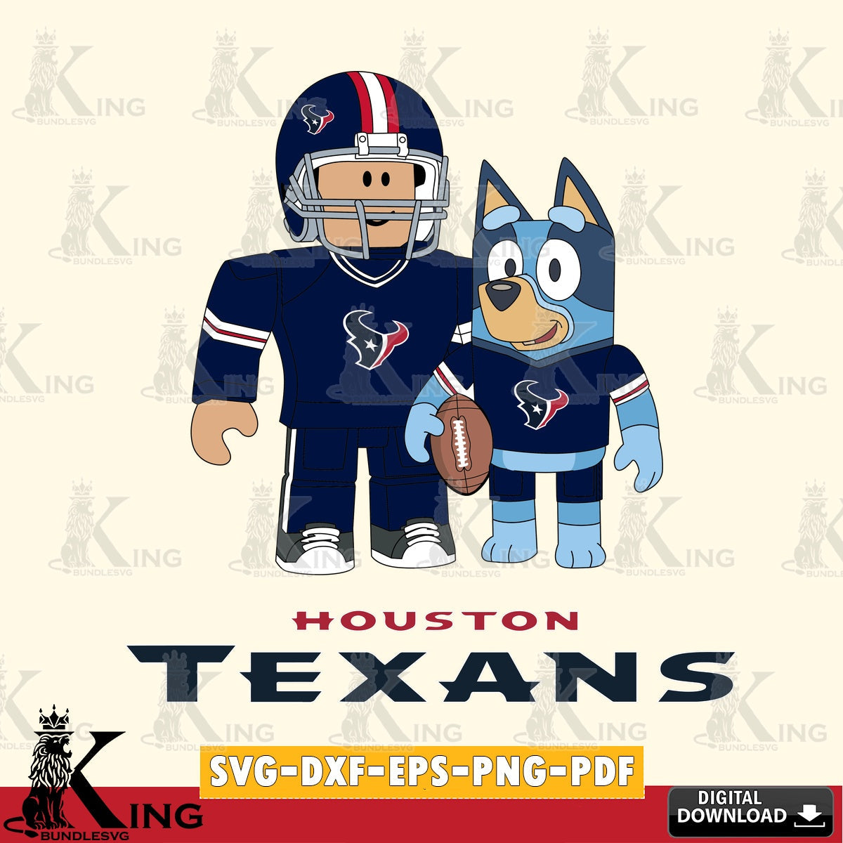 Vector design showing Houston Texans Roblox and Bluey football, digital clipart compatible with laser engraving and cutting.