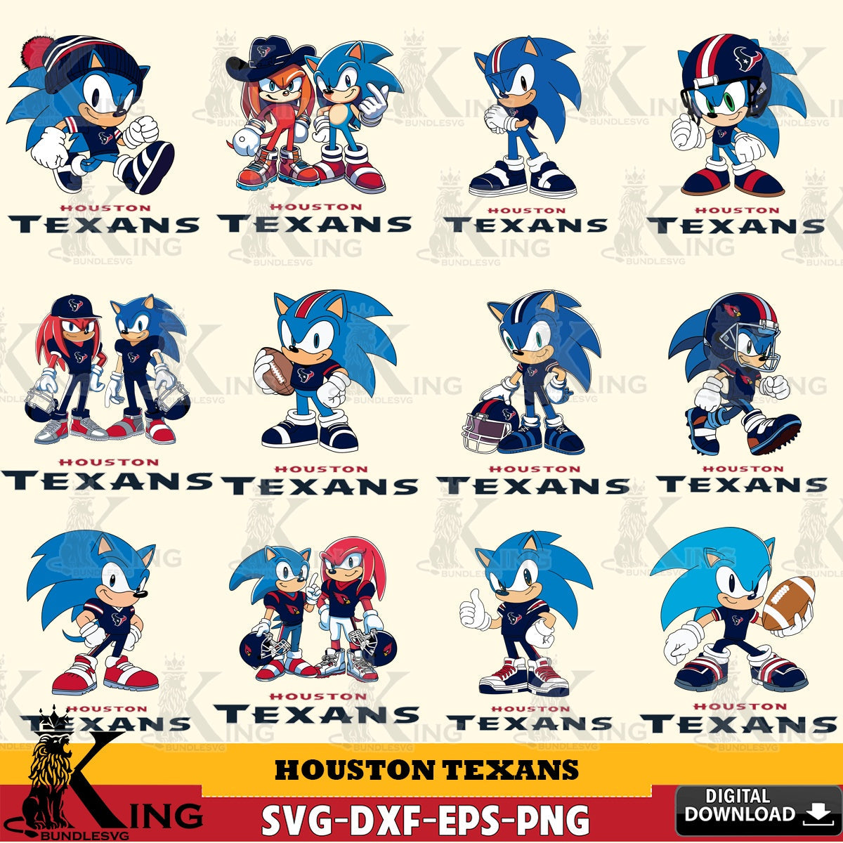 Mega bundle containing Houston Texans Sonic & Knuckles NFL Football themed digital clipart compatible with laser engraving and