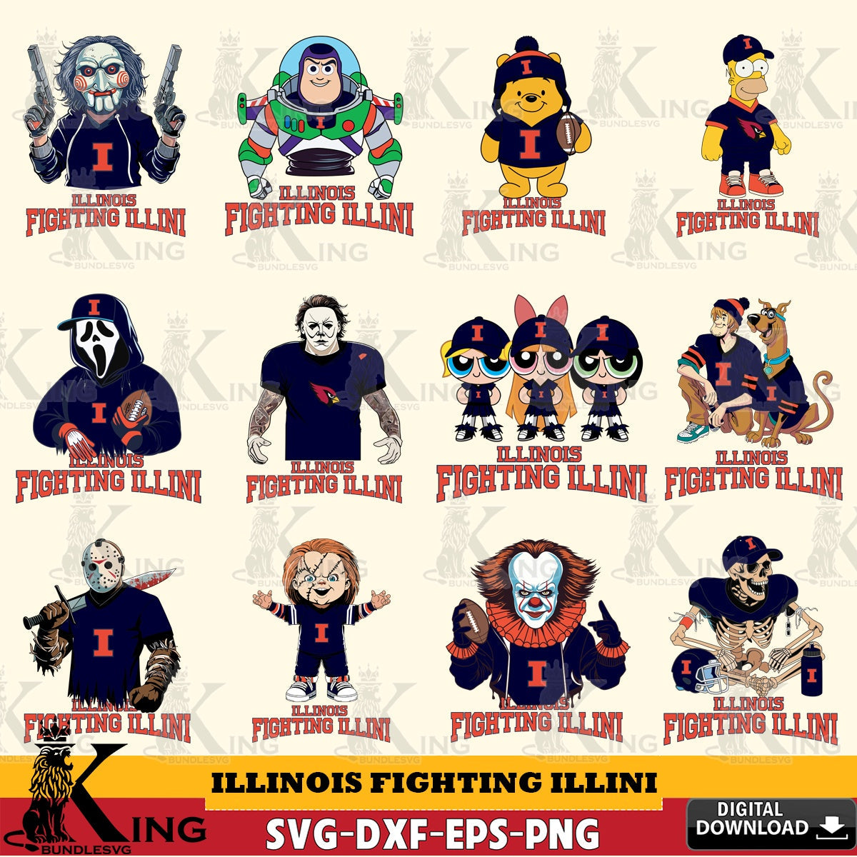 All-in-one bundle of Illinois Fighting Illini cartoon football NCAA SVG cut file for personalized gifts and laser projects