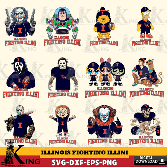 All-in-one bundle of Illinois Fighting Illini cartoon football NCAA SVG cut file for personalized gifts and laser projects