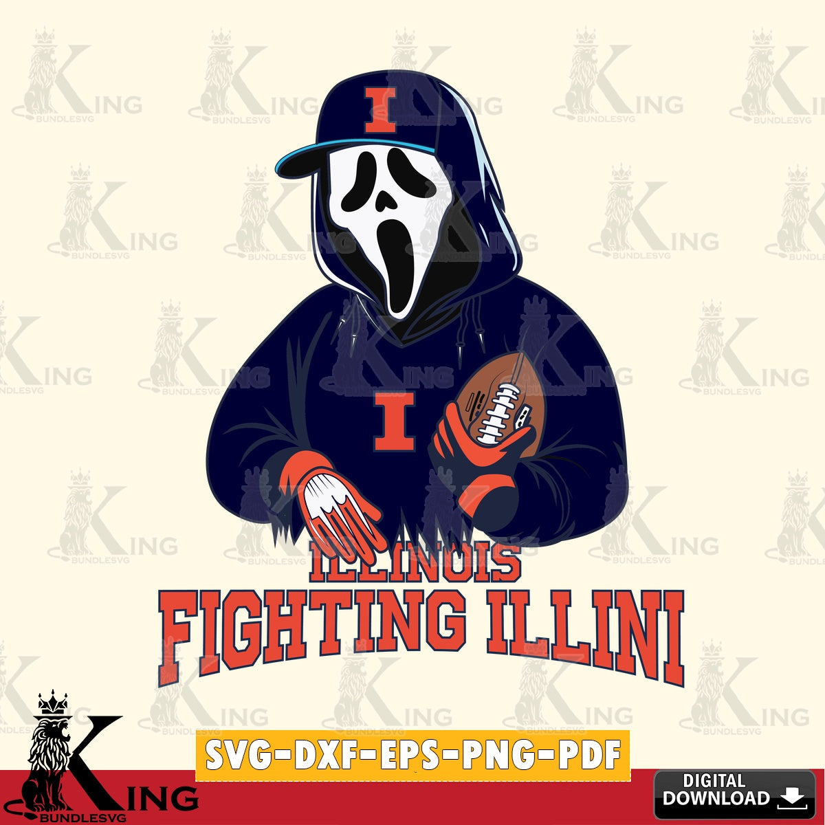 Unique artwork depicting an Illinois Fighting Illini Ghostface Scream football player, a cut file ideal for vinyl projects and