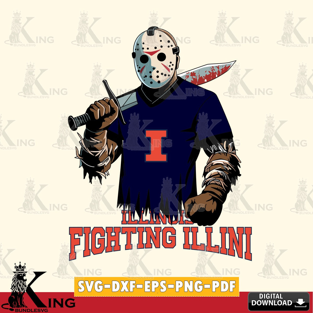 Hand-drawn style art of Illinois Fighting Illini Jason Voorhees football, a crafting file for iron-on transfer and vinyl decals.