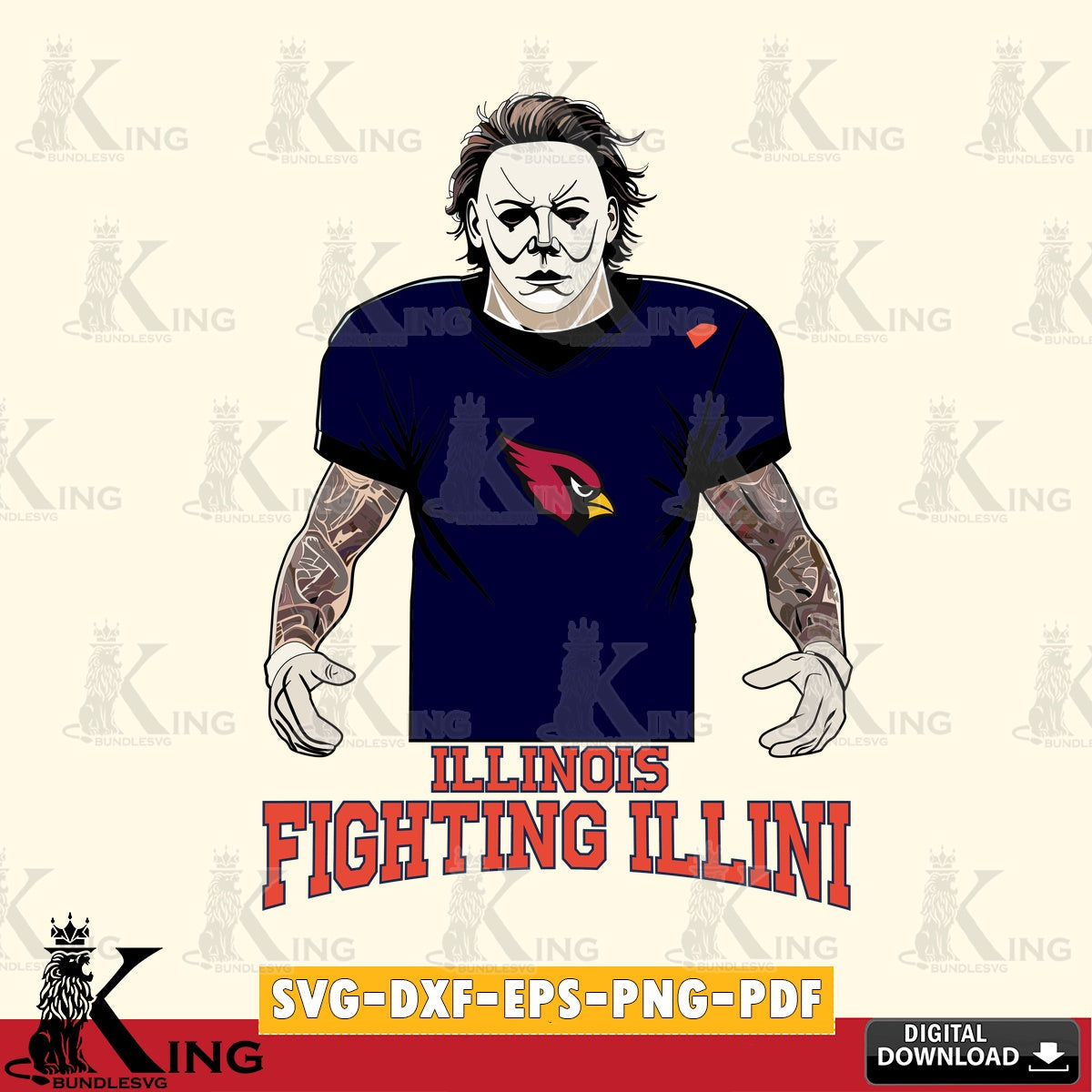 Beautiful illustration of Illinois Fighting Illini Michael Myers tattoo football, NCAA PNG clipart for sublimation printing and
