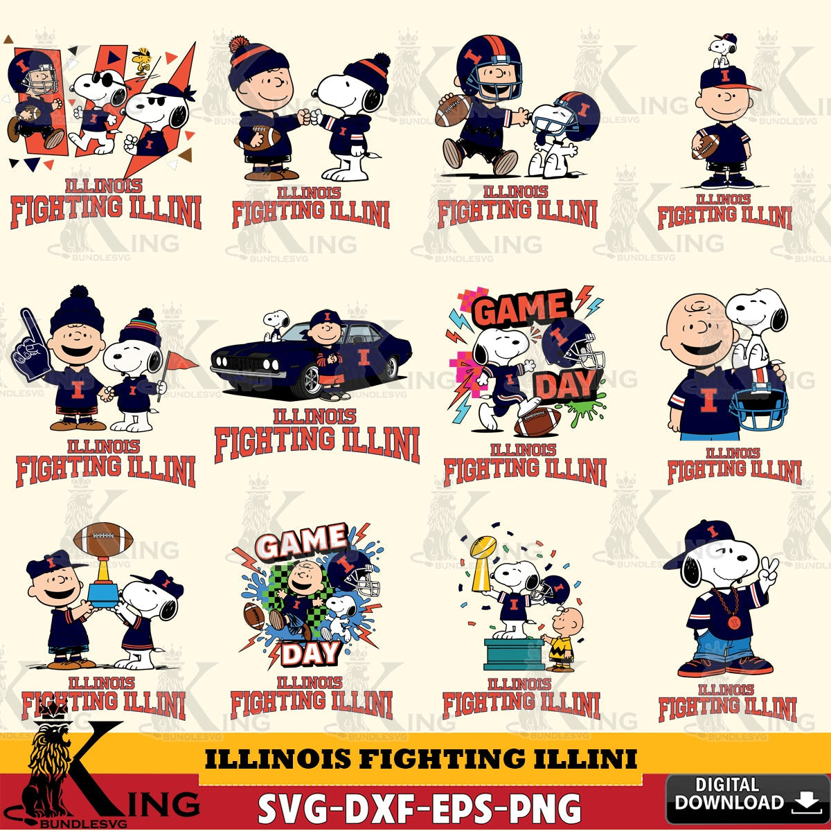 Illinois Fighting Illini Peanuts Football NCAA Bundle SVG, Cricut, Cut file  , Digital Download , Instant Download, Peanuts svg, NCAA svg, Football svg, Sport svg