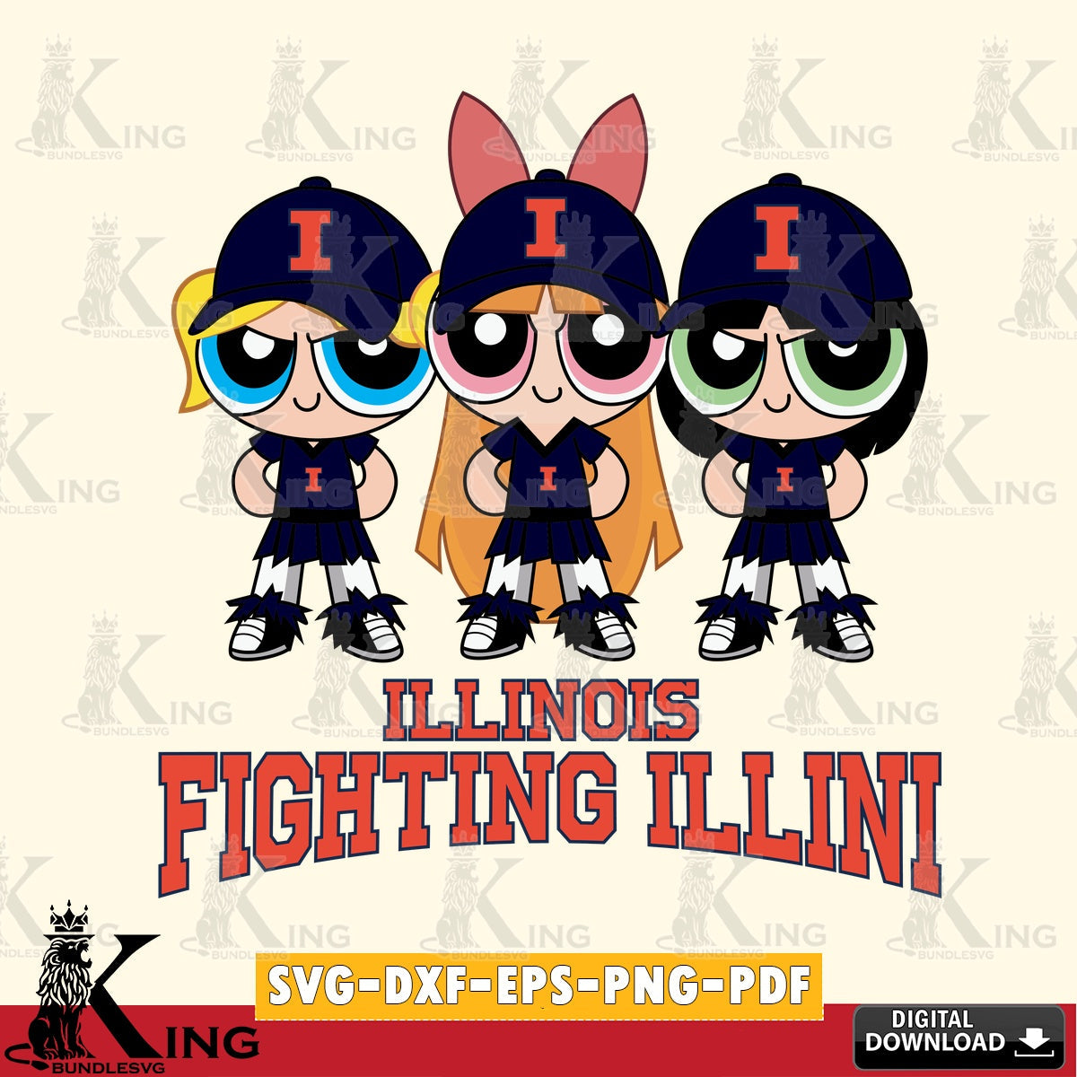 Modern graphic depicting Illinois Fighting Illini PowerPuff Girls Football, SVG cut file for personalized gifts and laser projects