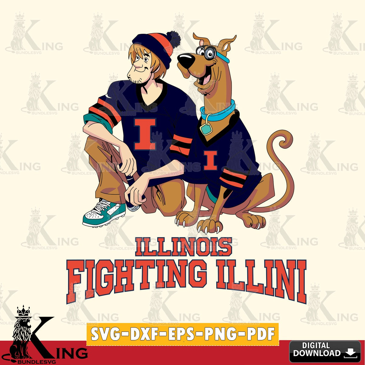 Detailed illustration of Illinois Fighting Illini Shaggy and Scooby Doo football, high-quality vector for DIY scrapbooking and
