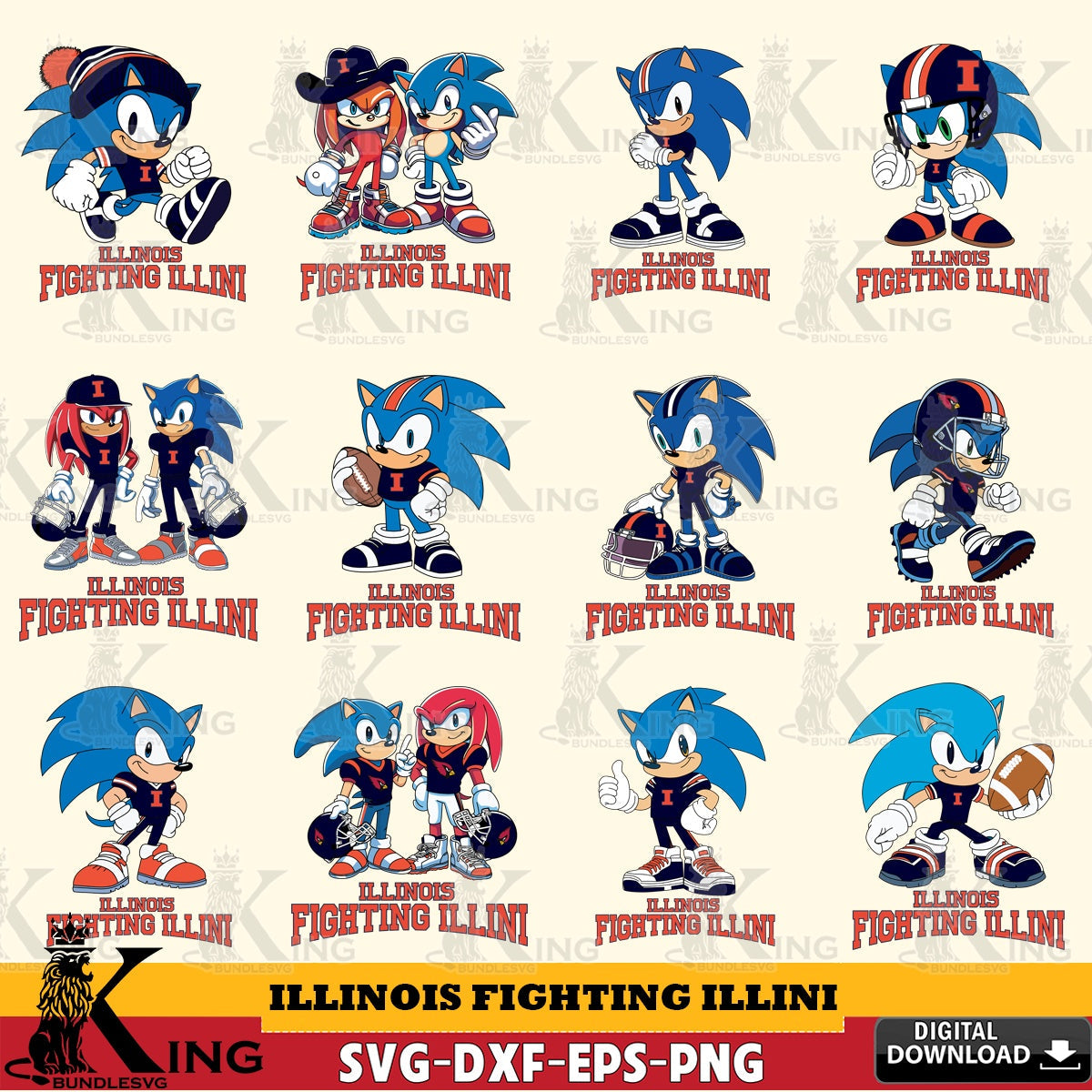 Illinois Fighting Illini Sonic & Knuckles NCAA FootballBundle SVG file, Vector , Digital Download , PDF File , Instant Download
