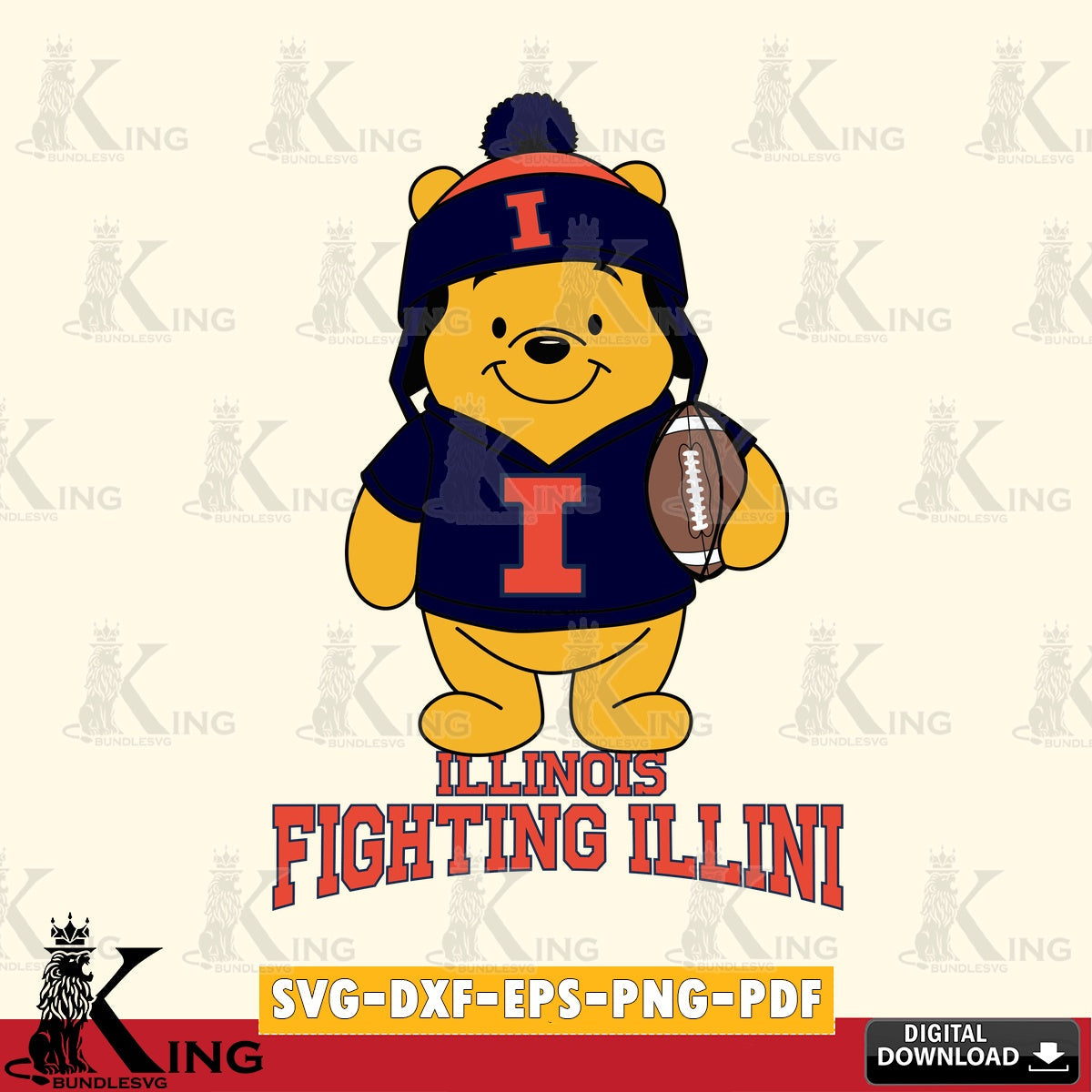 Artistic drawing of Illinois Fighting Illini Winnie the Pooh football player, NCAA file cut, digital download for Cricut Maker
