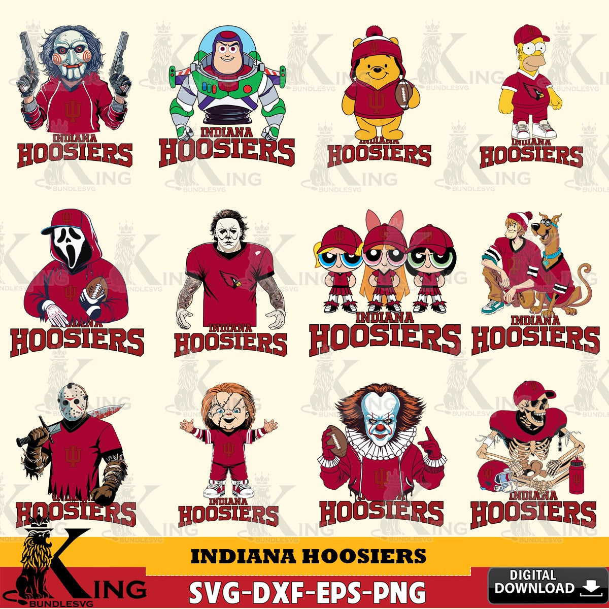 Ultimate set containing Indiana Hoosiers cartoon football NCAA bundle, a printable vector design for sublimation and crafts