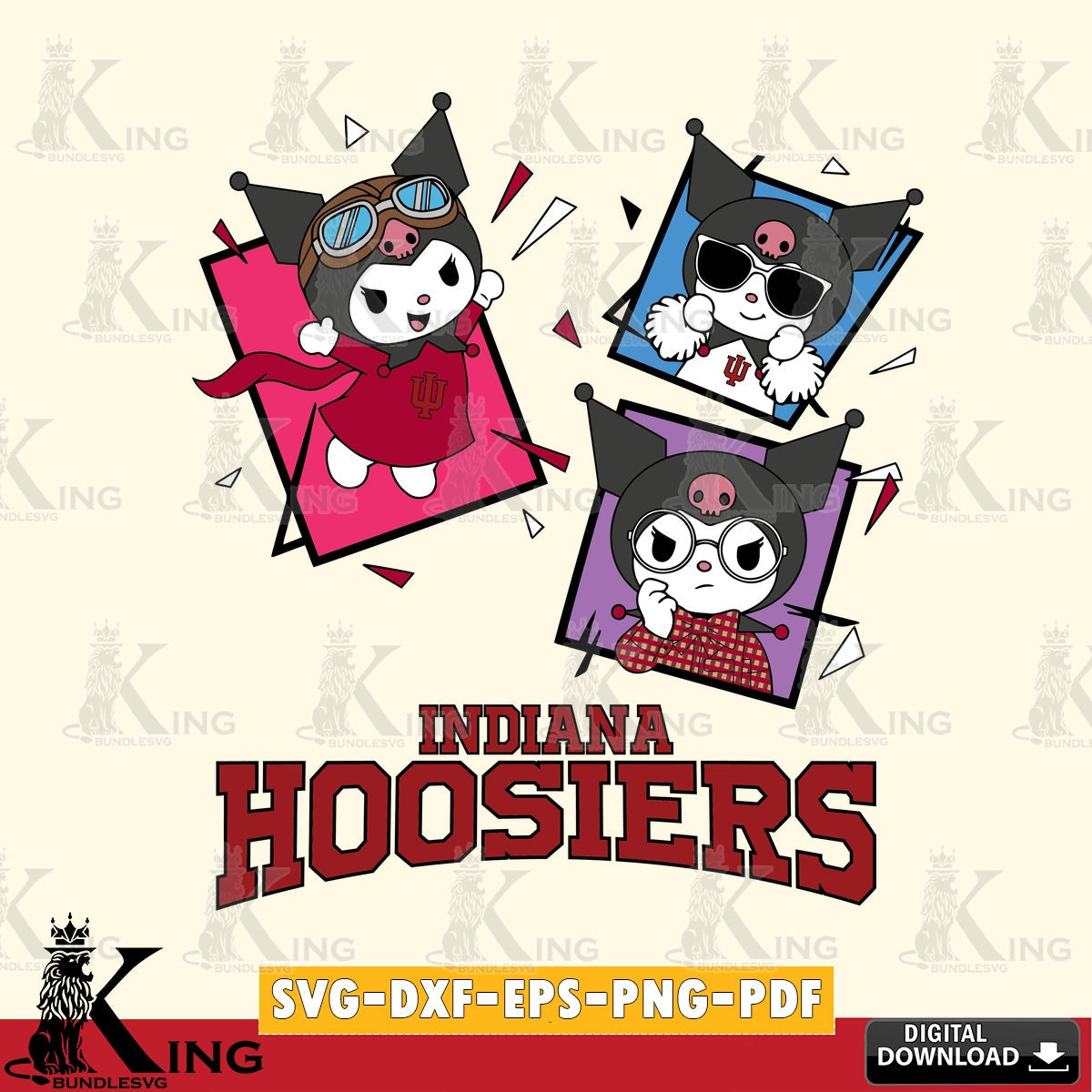 Indiana Hoosiers Kuromi Action Football SVG file, Cricut, Cut file  , Digital Download , Instant Download, Sanrio svg, Clipart