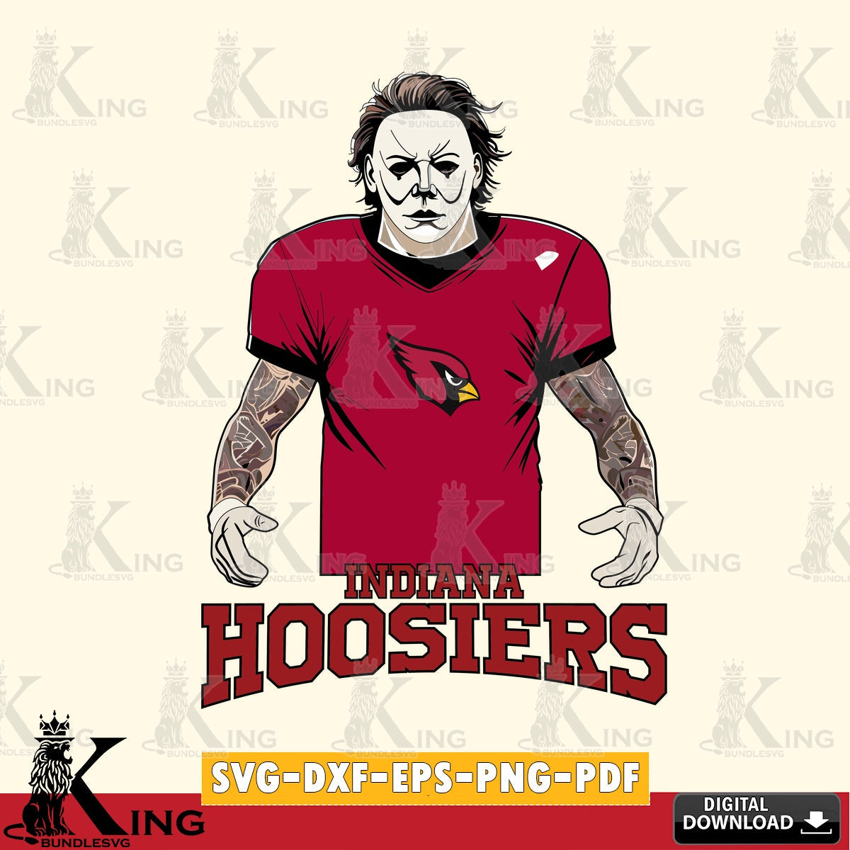 Vector design showing an Indiana Hoosiers Michael Myers tattoo football, a printable vector design for sublimation and crafts