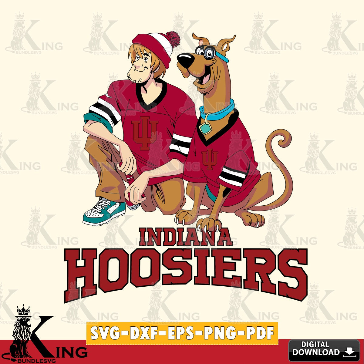 Eye-catching graphic of Indiana Hoosiers, Shaggy, and Scooby Doo playing football, vector illustration for POD merchandise and